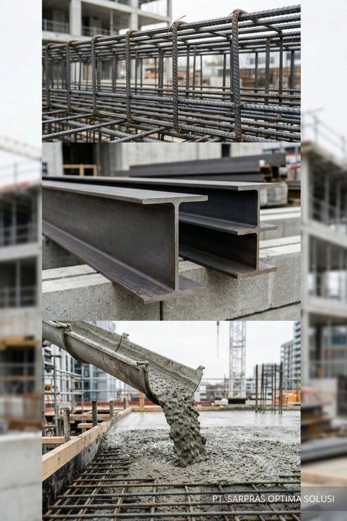 create a vertical 1024x1536px modern construction banner showing three materials reinforced steel rebar, structural steel profiles (i beam and h beam), and ready mix concrete pouring. minimal indu